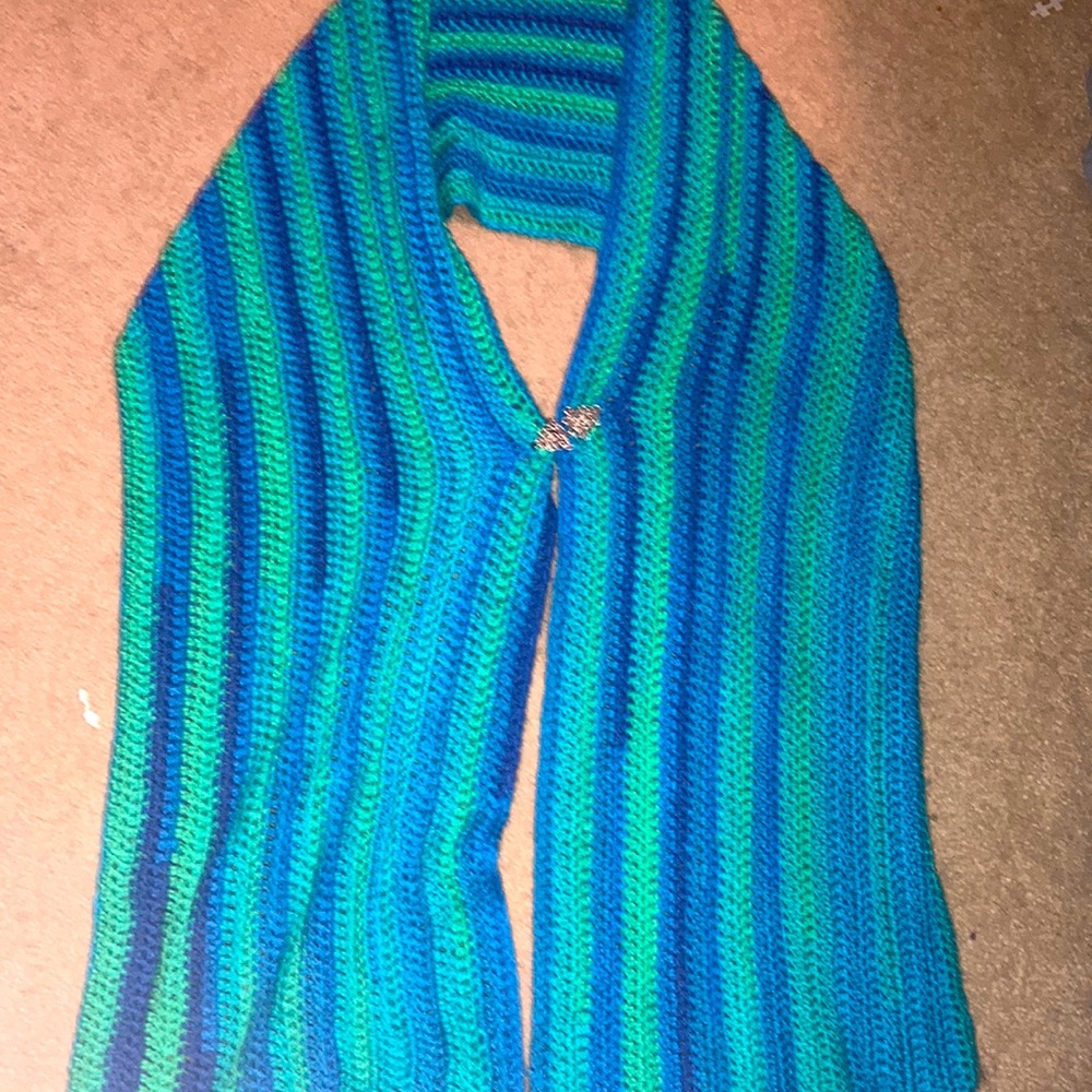 Blue n green crochet scarf wrap shawl with button